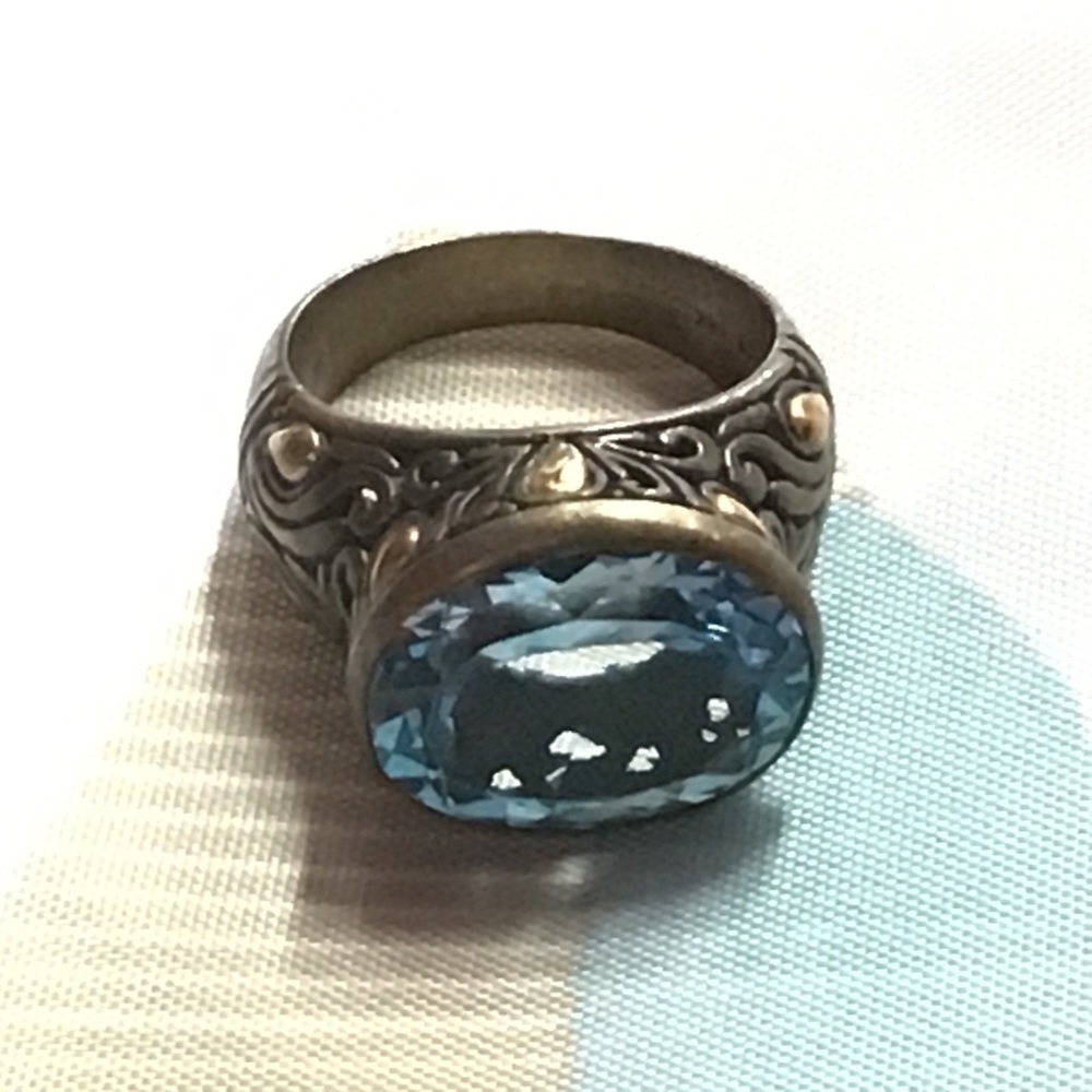 Samuel Benham Sterling Silver & 18K Gold Large Blue Topaz Ring Size 10 DAMAGED